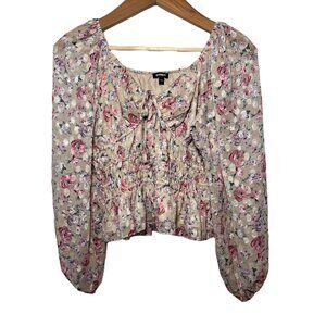 Coquette Romantic Whimsical Bow Velvet Babydoll Dainty Puff Sleeve Top Large